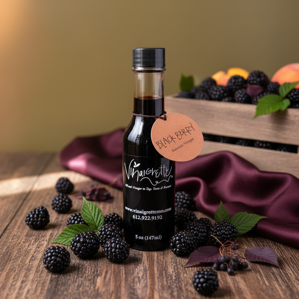 Blackberry Balsamic Bottle with Tag and Background