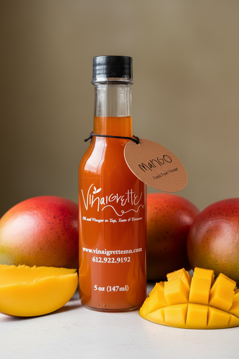 Mango Vinegar with Fresh Mangos Background