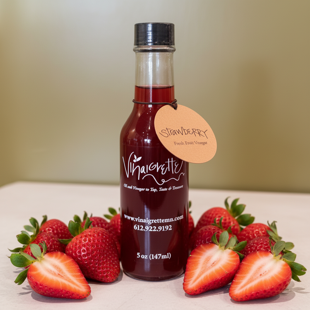 Strawberry Vinegar with Fresh Strawberries Background