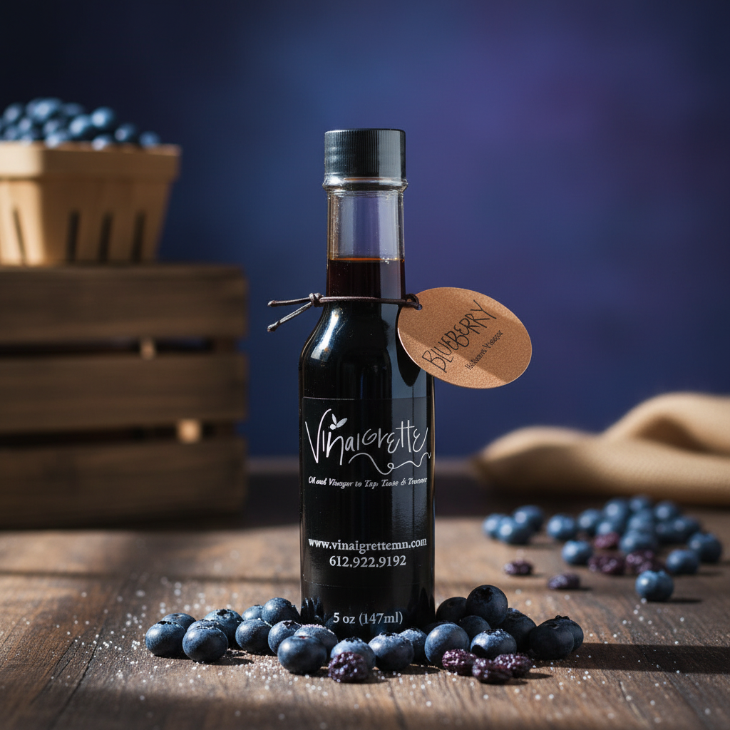 Blueberry Balsamic Bottle with Tag and Background