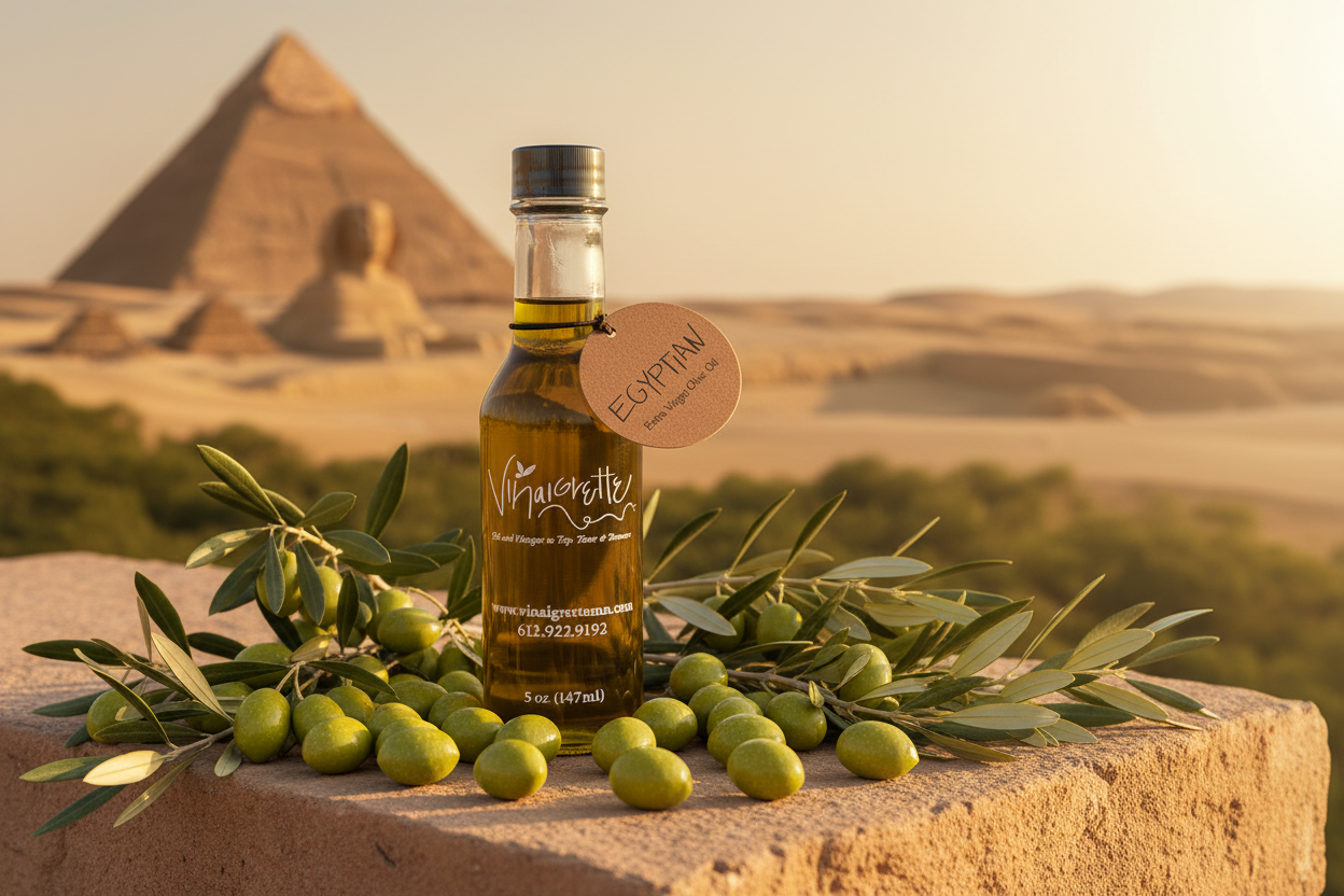 Egyptian Olive Oil with Pyramids and Abundant Olives