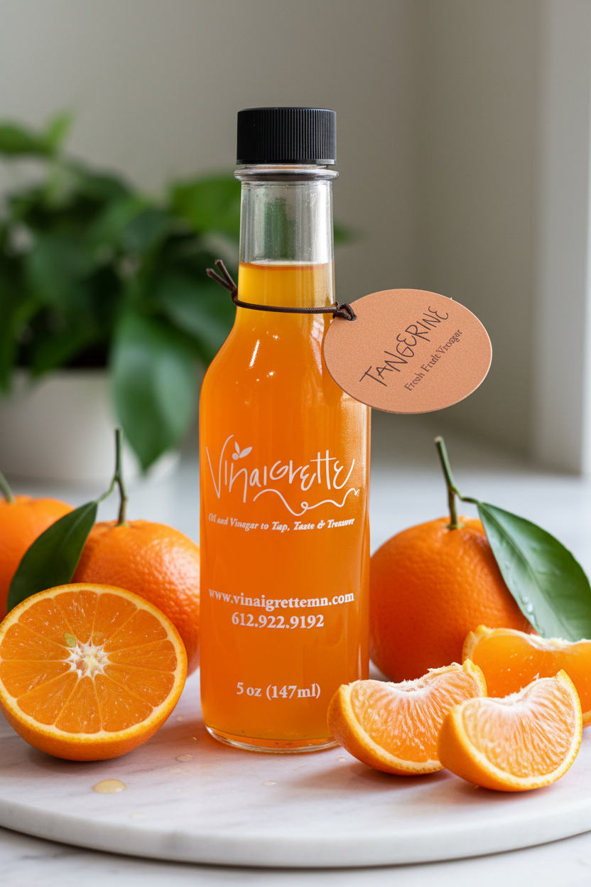Tangerine Vinegar with Fresh Tangerines Background